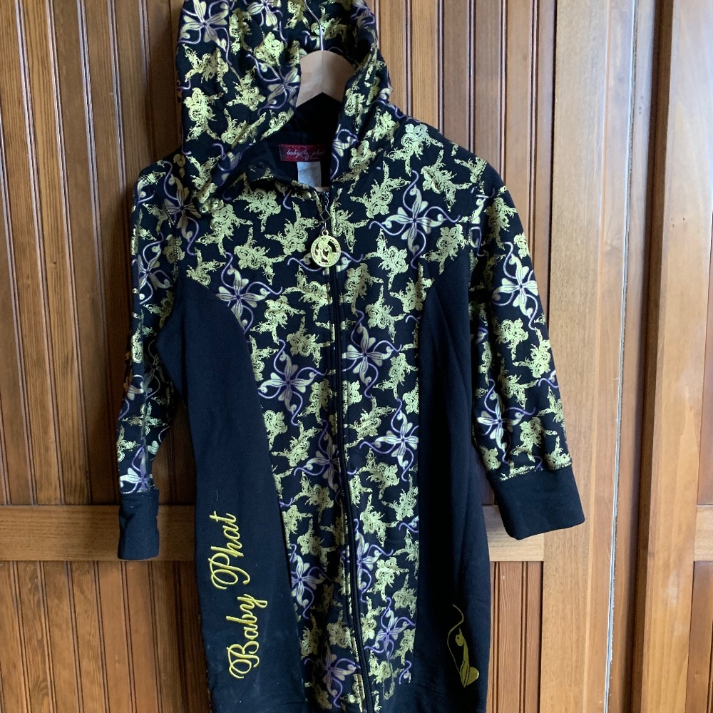 VINTAGE BABY PHAT HOODED DRESS GOLD BLACK 2000'S